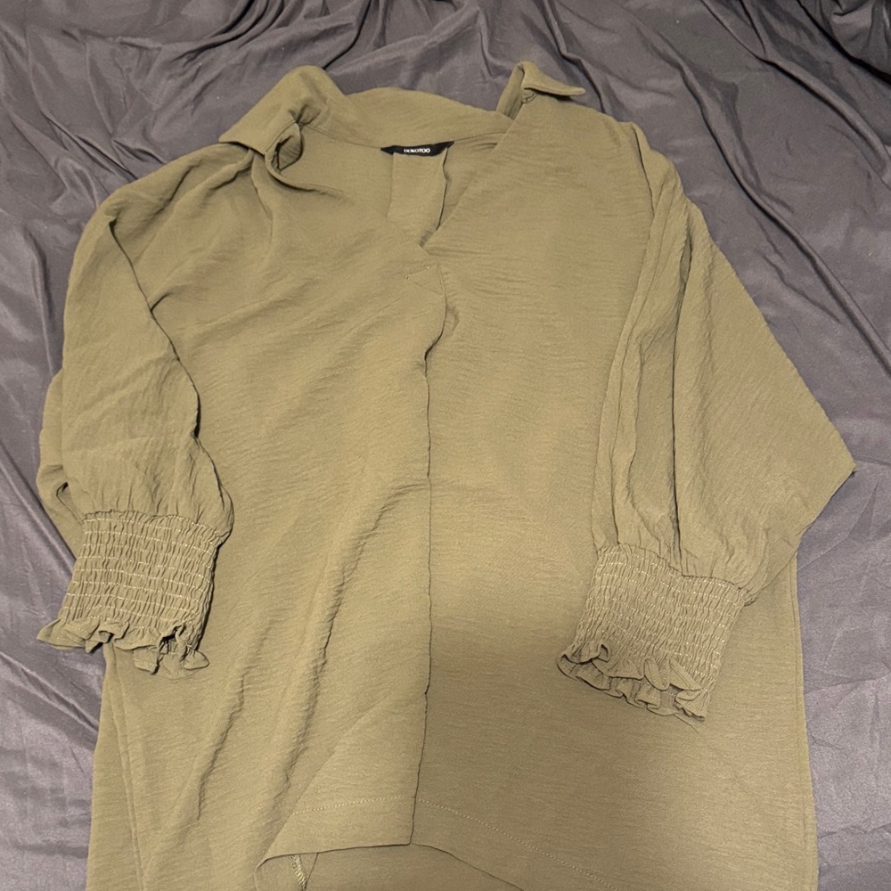 Elegant Olive Blouse with Smocked Sleeves